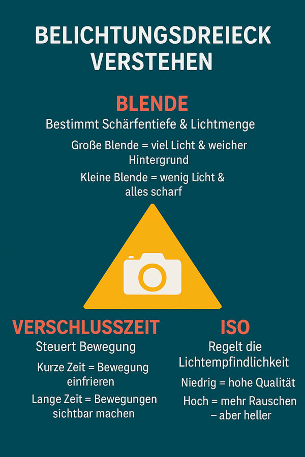 Grafik, die das Belichtungsdreieck verstehen hilft und den Zusammenhang von Blende, Verschlusszeit und Lichtempfindlichkeit (ISO) zeigt.