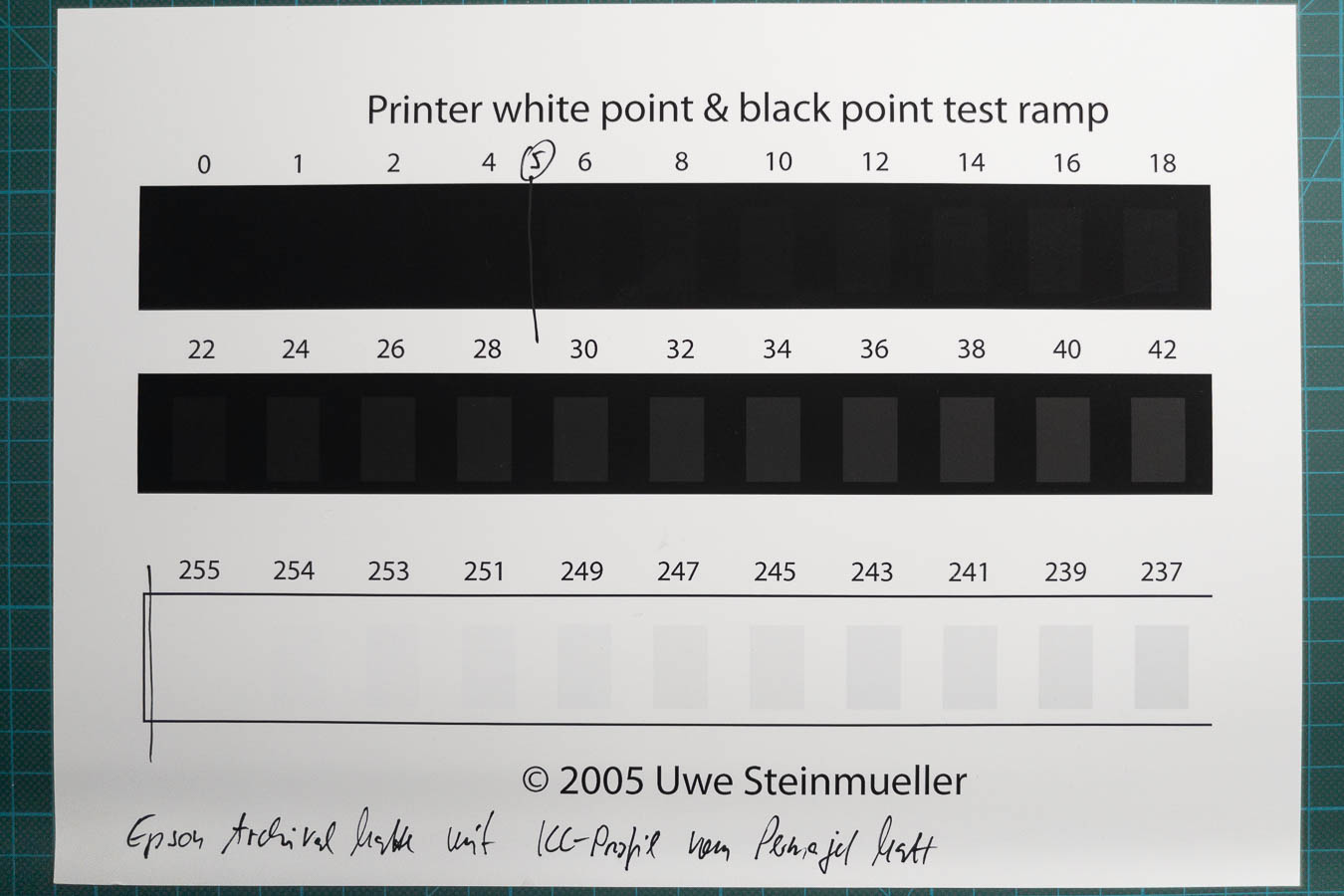 Ausgedrucktes Testbild zur Ermittlung von Schwarz- und Weißpunkt in einem Ausdruck.
